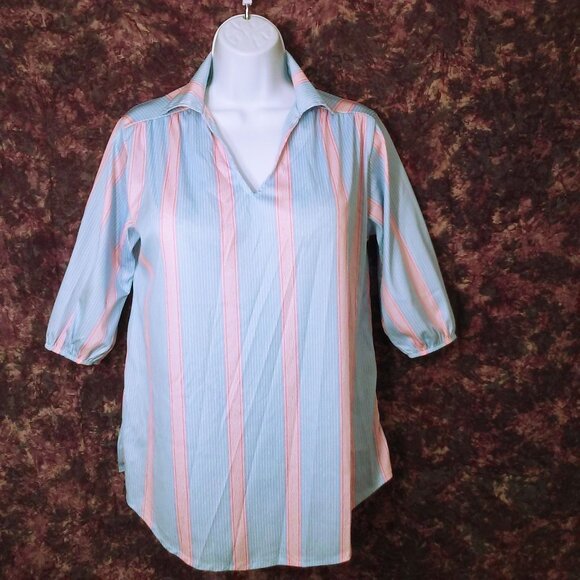 Vintage 70s Randon USA-Made Striped Knit Top Tunic Lady-(36) V-Collar Puffy SSL - Picture 1 of 10
